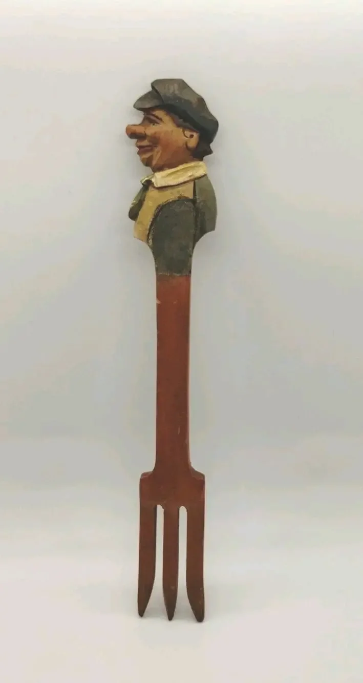 Vintage Painted Folk Art ANRI? Carved Wood Salad Fork Man Sicily Italy Wooden